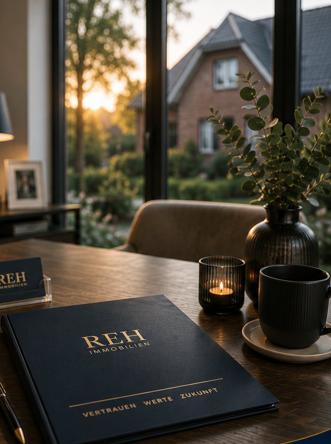 Schreibtisch mit REH-Immobilien-Mappe im Abendlicht
