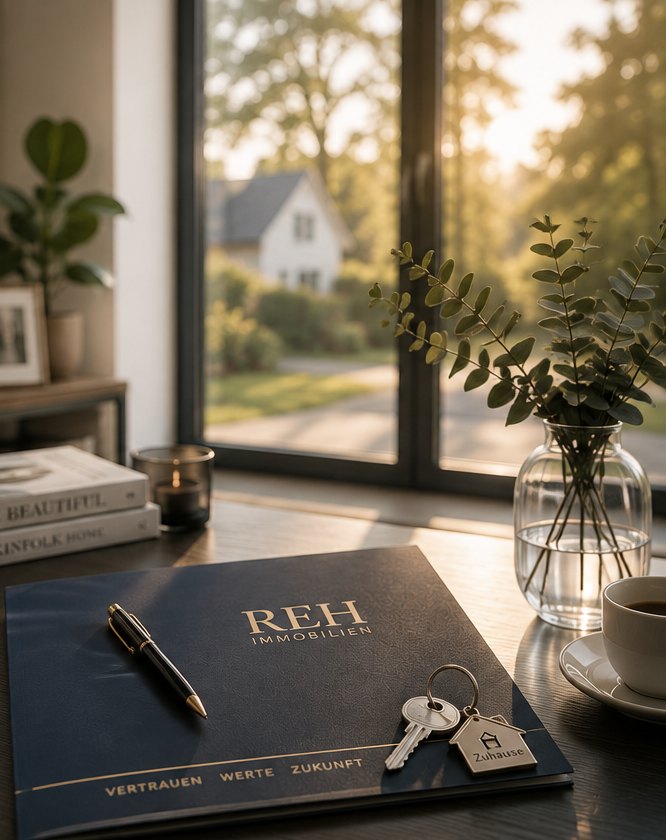 Schlüssel und REH-Immobilien-Mappe auf einem Tisch am Fenster