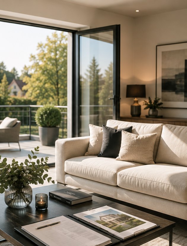 Helles Wohnzimmer mit offener Terrassentür