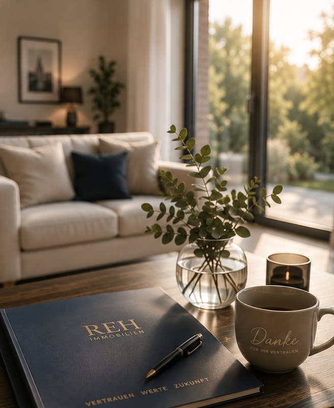Wohnzimmer im Abendlicht mit REH-Immobilien-Mappe
